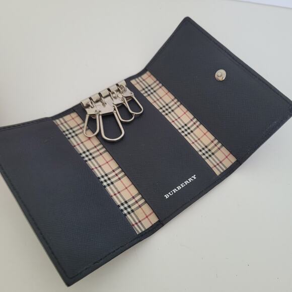 Burberry Key Hooks Holder Case Wallet Logo Black Leather Designer Nova Lining - Picture 3 of 10